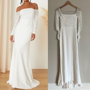 Elegant Eternity White Mesh Ruched Off-the-Shoulder Maxi Dress
